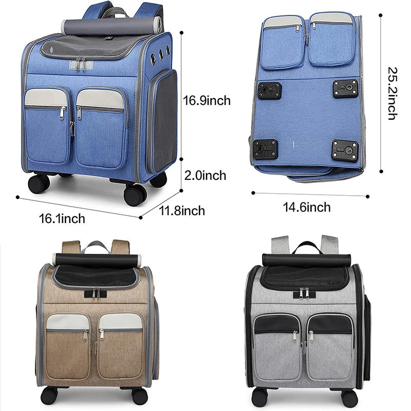 2 In 1 Large Pet Backpack Cat Stroller Pet Carrier with Wheels Portable Foldable Tie-Rod Pet Bag Cat and Dog Travel Carrier Bag