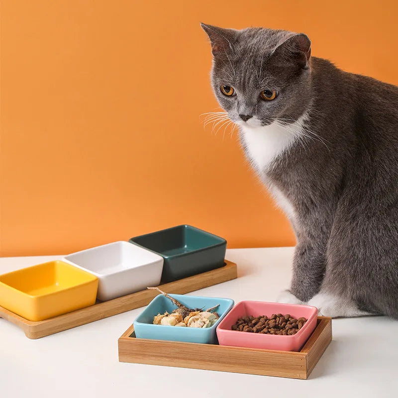 Bol carré en céramique pour chat, Mini bols pour nourriture et eau pour petits chiens, mangeoire pour animaux de compagnie avec palettes en bois de bambou, plat