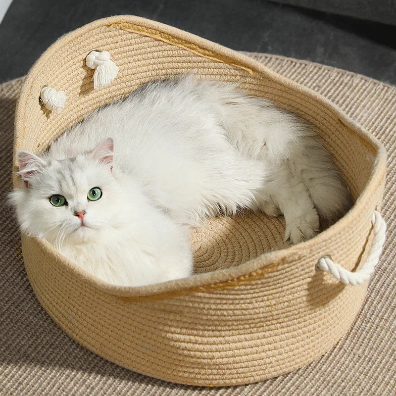 Cama de ratán hecha a mano para gatos, caseta para cachorros, nido fresco tejido de verano para gatos, gatitos, estera para dormir, cojín para tumbona para gatos