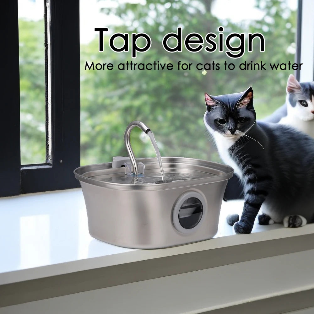 Fontaine d'eau pour chat en acier inoxydable, fontaine automatique pour animaux de compagnie, distributeur d'eau pour chien avec fenêtre de niveau d'eau 3,2 l pour bol de chat