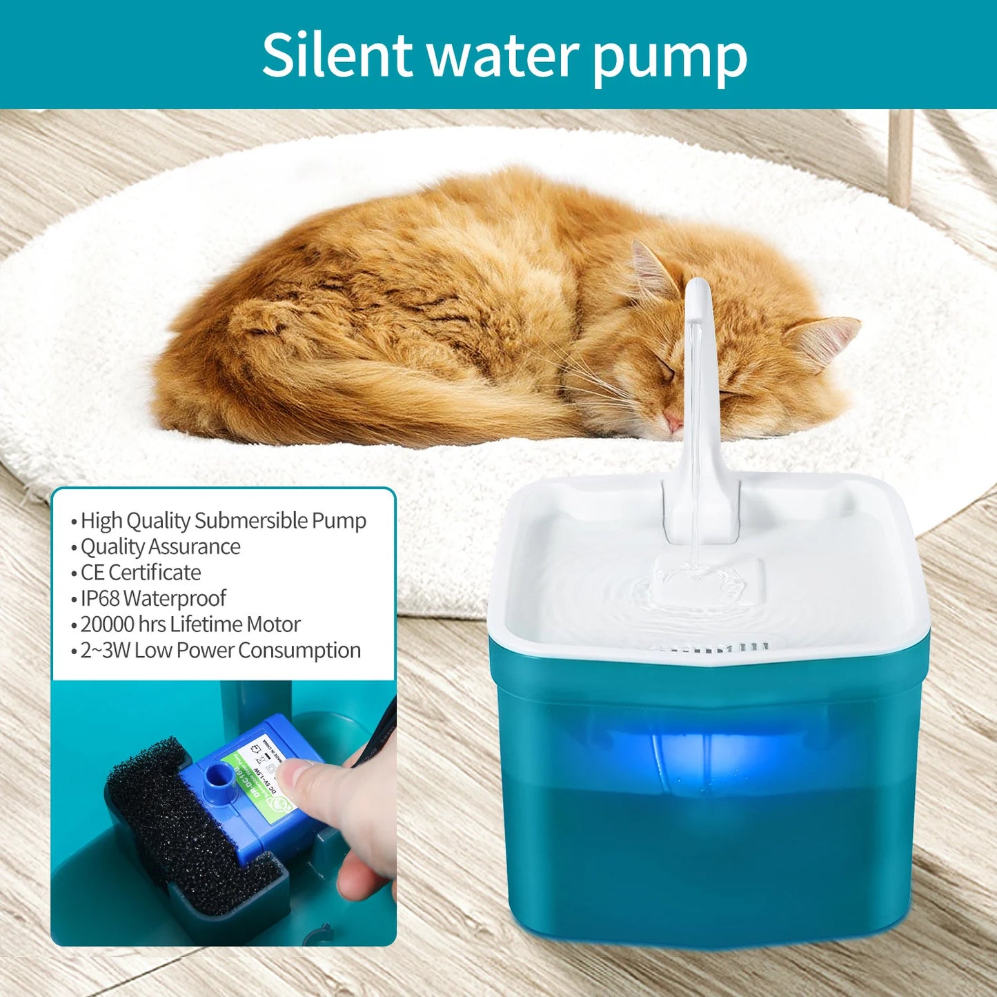 Automatic Cat Water Fountain With Infrared Motion Sensor LED Light Power Adapter Pet Feeder Bowl Drinking Dispenser Container