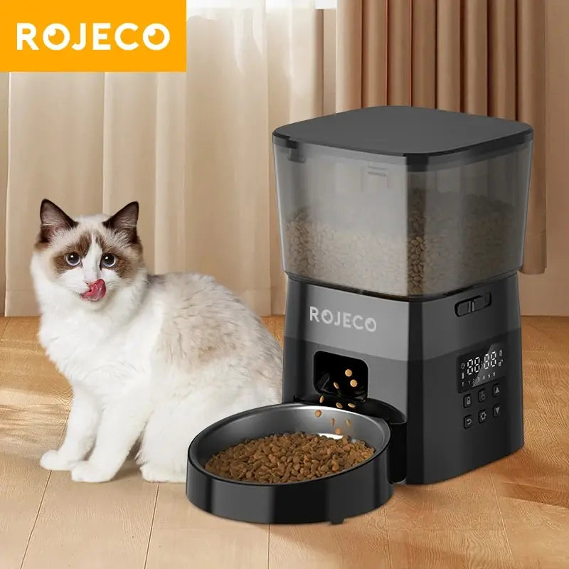 ROJECO-alimentador automático para mascotas, versión con botón, dispensador automático de alimentos para gatos, accesorios, Control inteligente, alimentador para mascotas, gatos, perros, comida seca