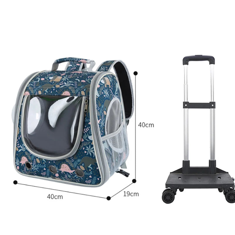 2 In 1 Large Pet Backpack Cat Stroller Pet Carrier with Wheels Portable Foldable Tie-Rod Pet Bag Cat and Dog Travel Carrier Bag