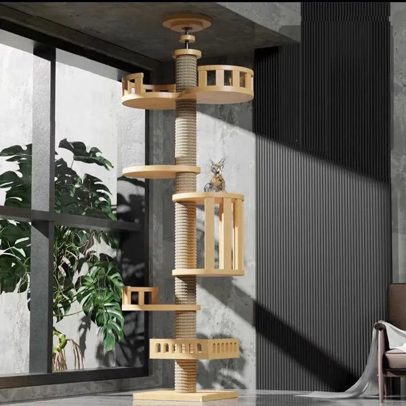 Árbol para gatos de piso a techo, torre para gatos, gatito ajustable, condominio de varios niveles con poste rascador, hamaca, centro de actividades para gatos, juguete