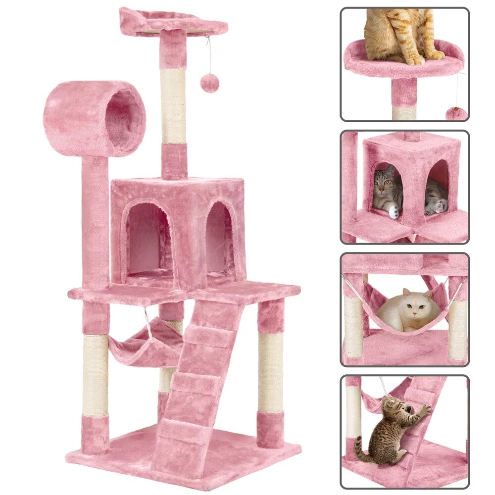 Árbol para gatos multinivel de 51 pulgadas con condominio, rosa, suministros para gatos, estantes para trepar para gatos, juguetes para gatos, para que los gatos puedan jugar felices en casa