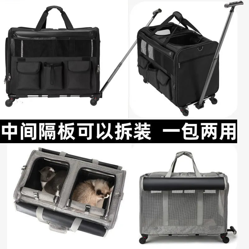 Boîtier de chariot Portable pour animaux de compagnie, roue universelle détachable, fournitures de transport pour chat, sac de voyage pour chiot de grande capacité, respirant et pliable