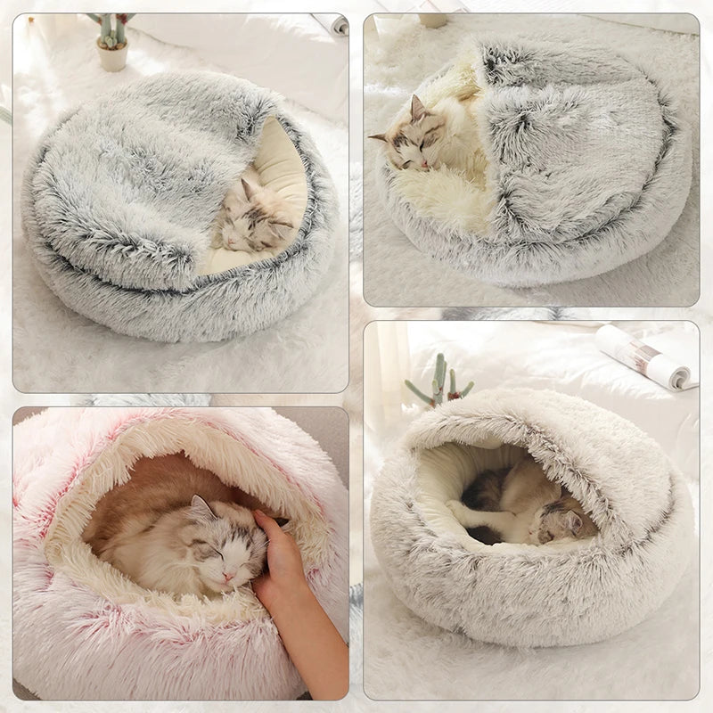 Cama de Gato de felpa larga de invierno, cojín redondo para gato, casa para gato 2 en 1, cesta para gato caliente, bolsa de dormir para gato, nido para gato, perrera para perro pequeño