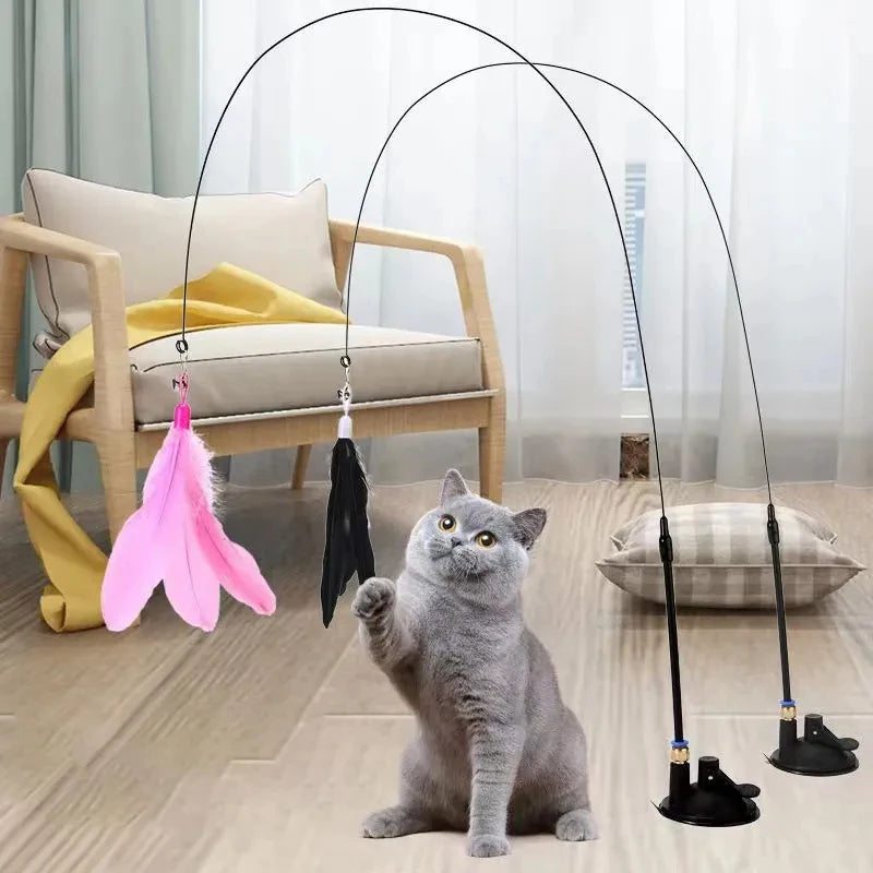 Jouets pour chats, baguette à plumes, jouet interactif pour chaton, avec Super ventouse détachable, 2 pièces de remplacement de plumes, accessoires pour chats