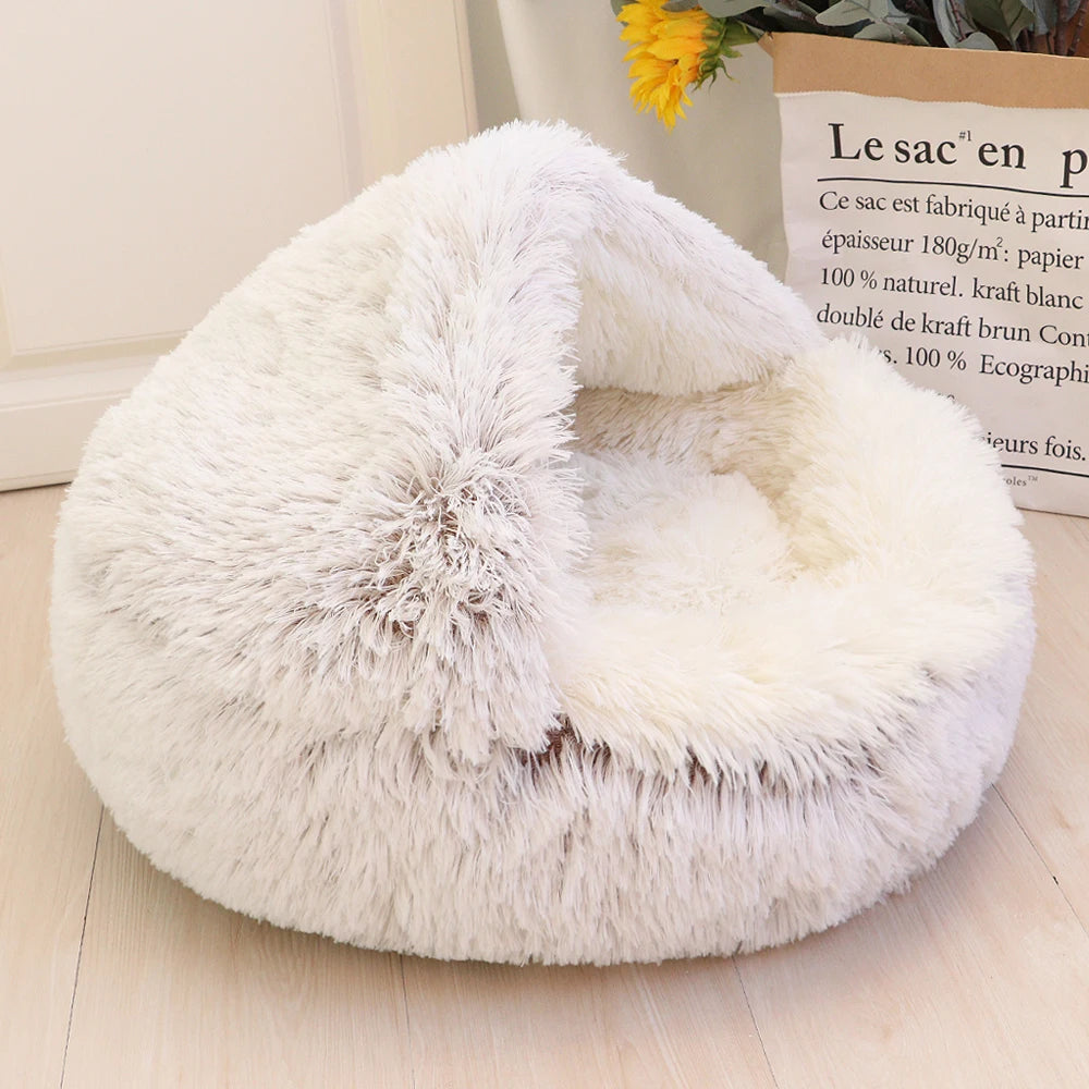 Soft Plush Round Cat Bed Winter Warm Long Plush Cat Cushion House 2 In 1 Sleeping Nest Kennel For Small Dogs Cats Accessories