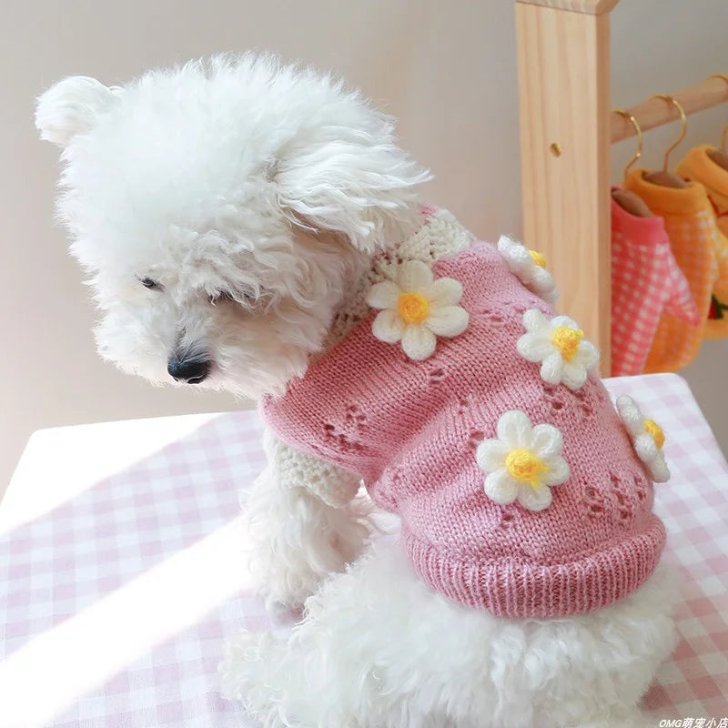 1PC Pet Apparel Dog Autumn and Winter Thickened Warm Green Pink 3D Flower Knitwear Pullover Sweater For Small Medium Dogs