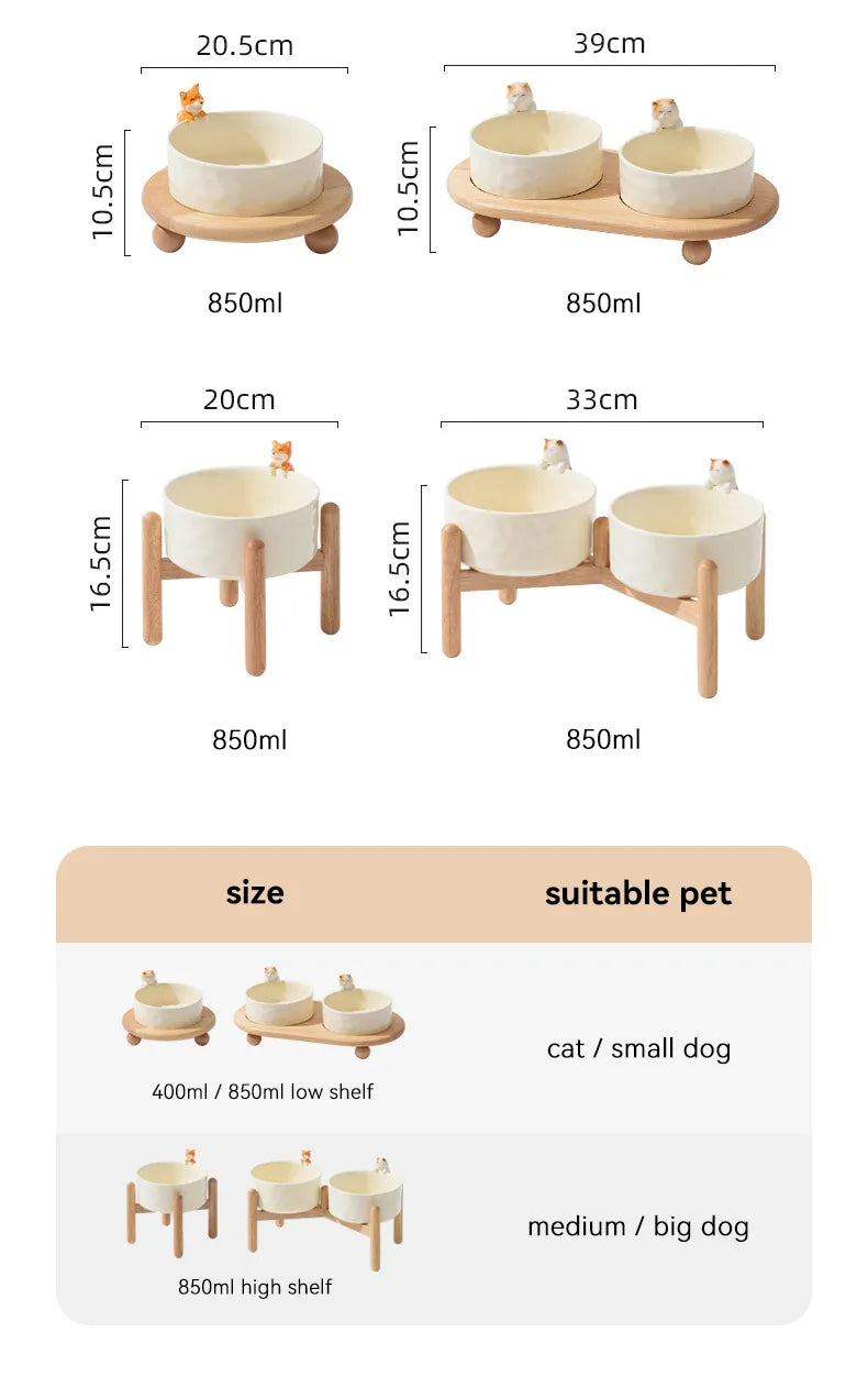 840ml Dogs Double Bowls with Wooden Shelf Cat Elevated Food Water Feeders Pet Small Medium Dog Drinking Eating Ceramics Bowl