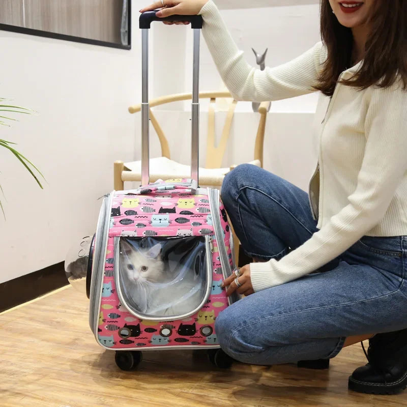 2 In 1 Large Pet Backpack Cat Stroller Pet Carrier with Wheels Portable Tie-Rod Pet Bag Cat and Dog Foldable Travel Carrier Bag