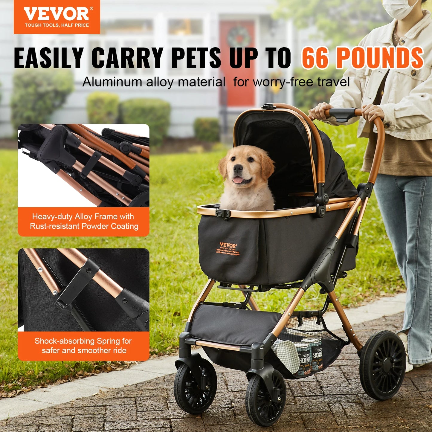 VEVOR 66 lbs poussette pour animaux de compagnie pliable chien chiot poussette avec freins panier de rangement transporteur détachable pour chiens de petite à moyenne taille