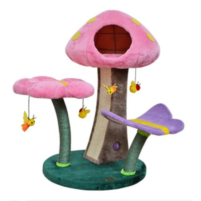 Árbol para gatos de felpa con seta de flores, árbol trepador cómodo y seguro, juego de setas pequeñas, juguetes para mascotas, cama de juego