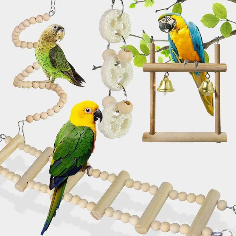 Juego de 8 Uds. De combinación de juguetes para loros y pájaros, artículos de madera para morder, juguetes para pájaros y mascotas para entrenamiento de loros, juguete para pájaros, columpio, campana de pie