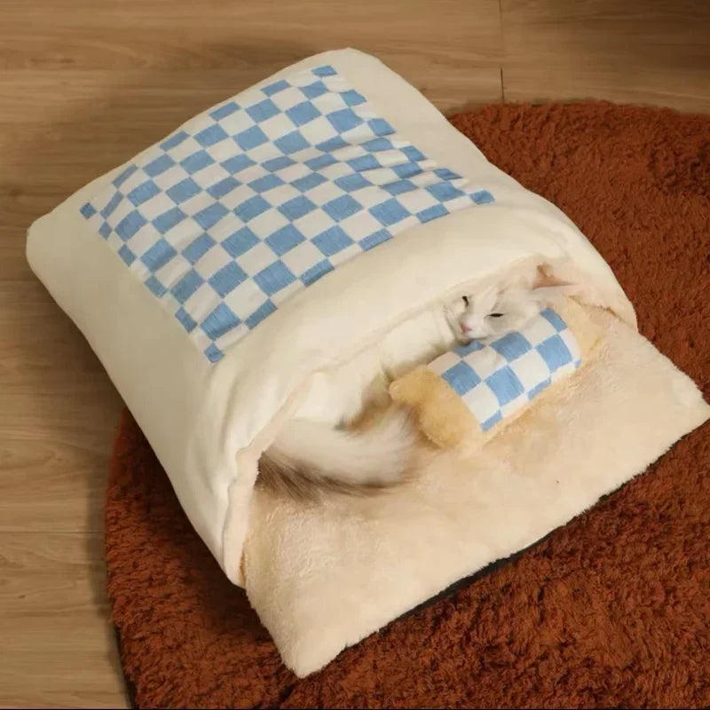 Bonita cama para gatos, saco de dormir cálido para gatos, cueva para dormir profundo, cama desmontable para invierno para mascotas, almohada tipo nido para perros y gatos con almohada