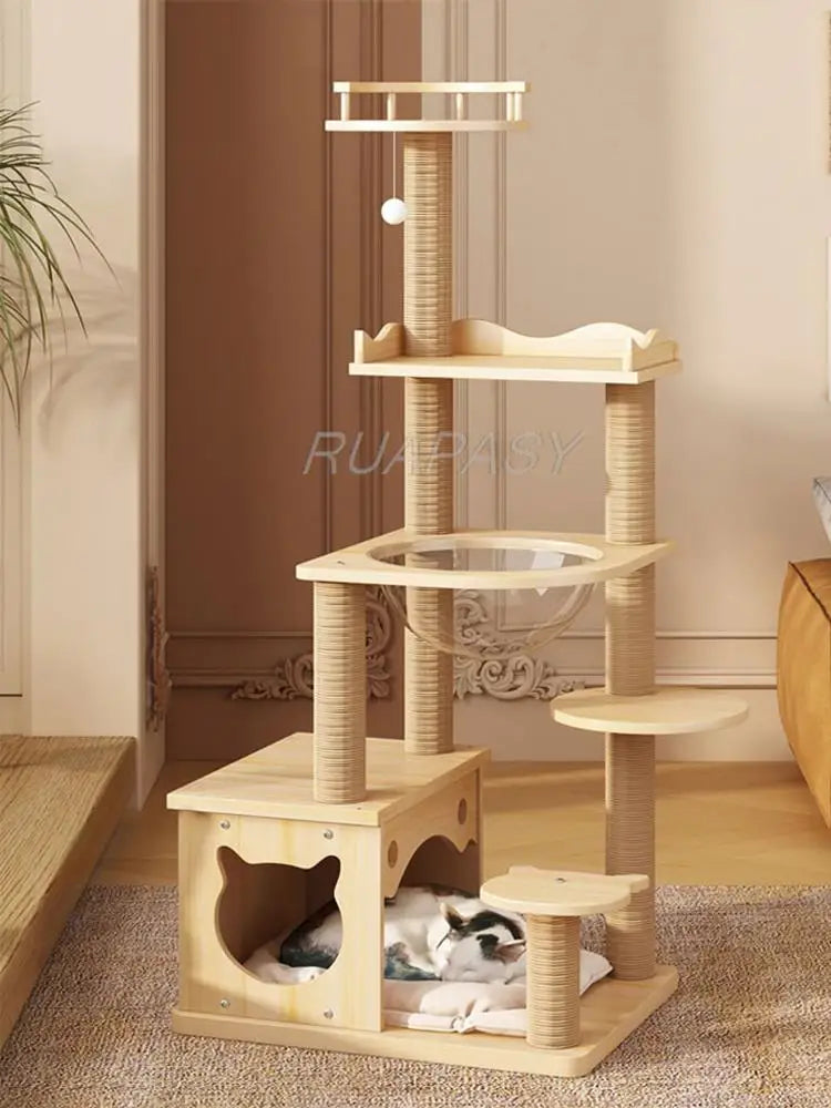 Grand arbre à chat à plusieurs niveaux, étagère d'escalade en bois, capsule spatiale, Post Condo, arbre à chat en sisal, plate-forme de saut à gratter, tour de perchoir, lit jouet