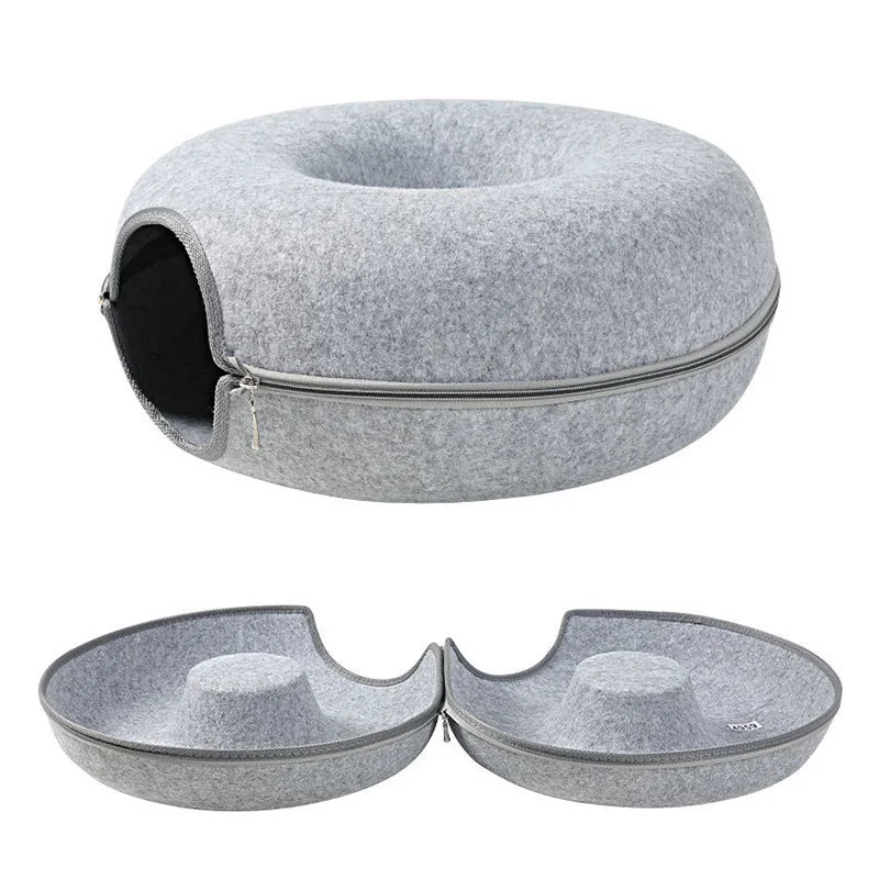 Lit beignet pour 2 chats, Tunnel pour animaux de compagnie, jouets pour chaton, panier de maison, jouets de jeu interactifs pour chats, nid de grotte de lapin en feutre naturel