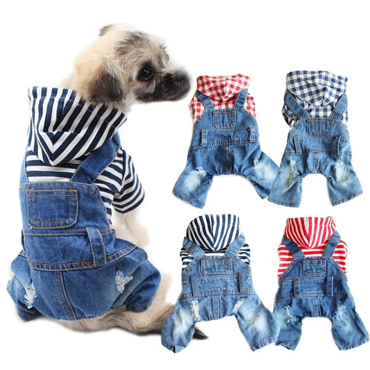 Spring Pet Dog Jumpsuit Denim Overalls for Dogs Plaid Jeans Jacket Pants Suit Onesies Small Dog Clothes Yorkie Chihuahua Apparel