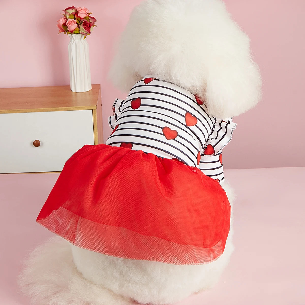 Stripe and Red Hearts Valentine's Day Dog Tulle Dress, Flutter Sleeve Dog Clothes for Small Dogs Girl, Cat Apparel