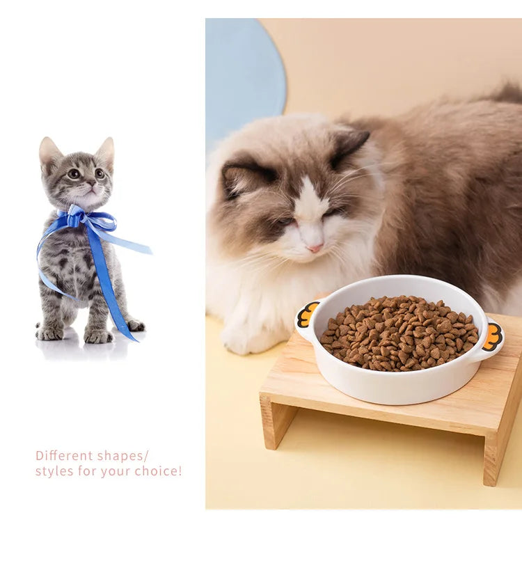 Bol en céramique pour chat, mignon, mangeoires surélevées pour animaux de compagnie, avec support en bois, fournitures pour boire et manger pour chiens