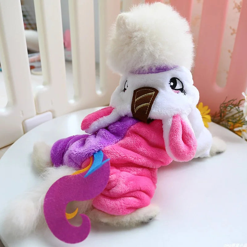 Ropa para mascotas, abrigo de cuatro patas rosa de unicornio grueso y cálido de felpa para otoño e invierno, adecuado para perros pequeños y medianos, 1 ud.