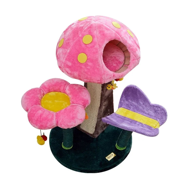 Árbol para gatos de felpa con seta de flores, árbol trepador cómodo y seguro, juego de setas pequeñas, juguetes para mascotas, cama de juego