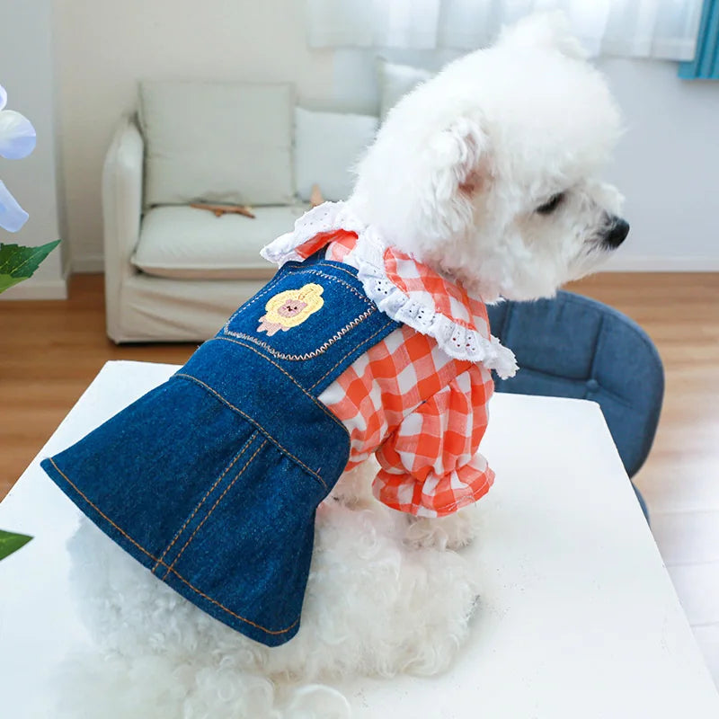 1 pieza de ropa para mascotas, camisa de encaje a cuadros naranja ajustada para primavera y otoño, vestido de princesa con tirantes vaqueros para perros pequeños y medianos