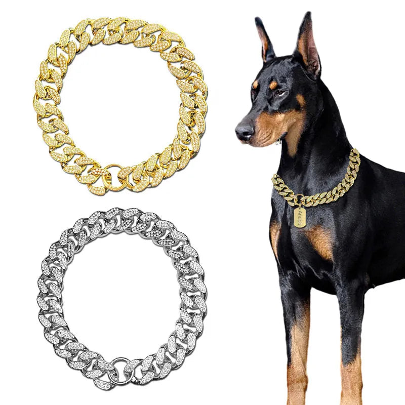 Collier de chien en plastique ABS, chaîne avec incrustation de diamants scintillants, collier de bouledogue, colliers de chat, accessoires pour animaux de compagnie, petits, moyens et grands chiens, doré