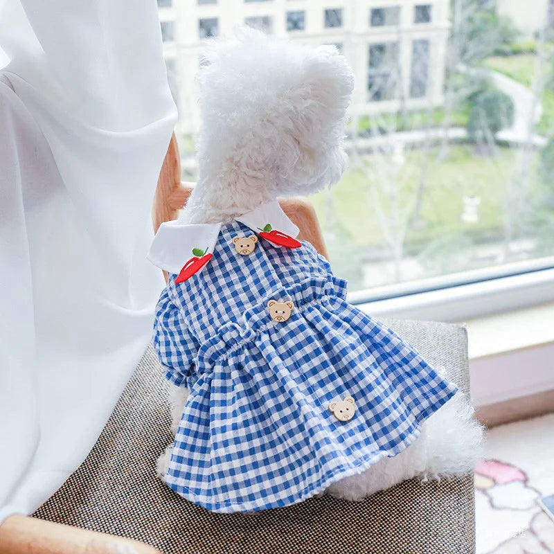 1PC Pet Apparel Cat Spring/Summer Thin Breathable Blue Plaid Apple Bear Princess Dress Suitable for Small and Medium Dogs