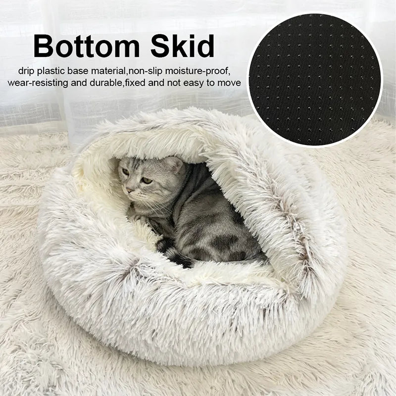 Cama de Gato de felpa larga de invierno, cojín redondo para gato, casa para gato 2 en 1, cesta para gato caliente, bolsa de dormir para gato, nido para gato, perrera para perro pequeño