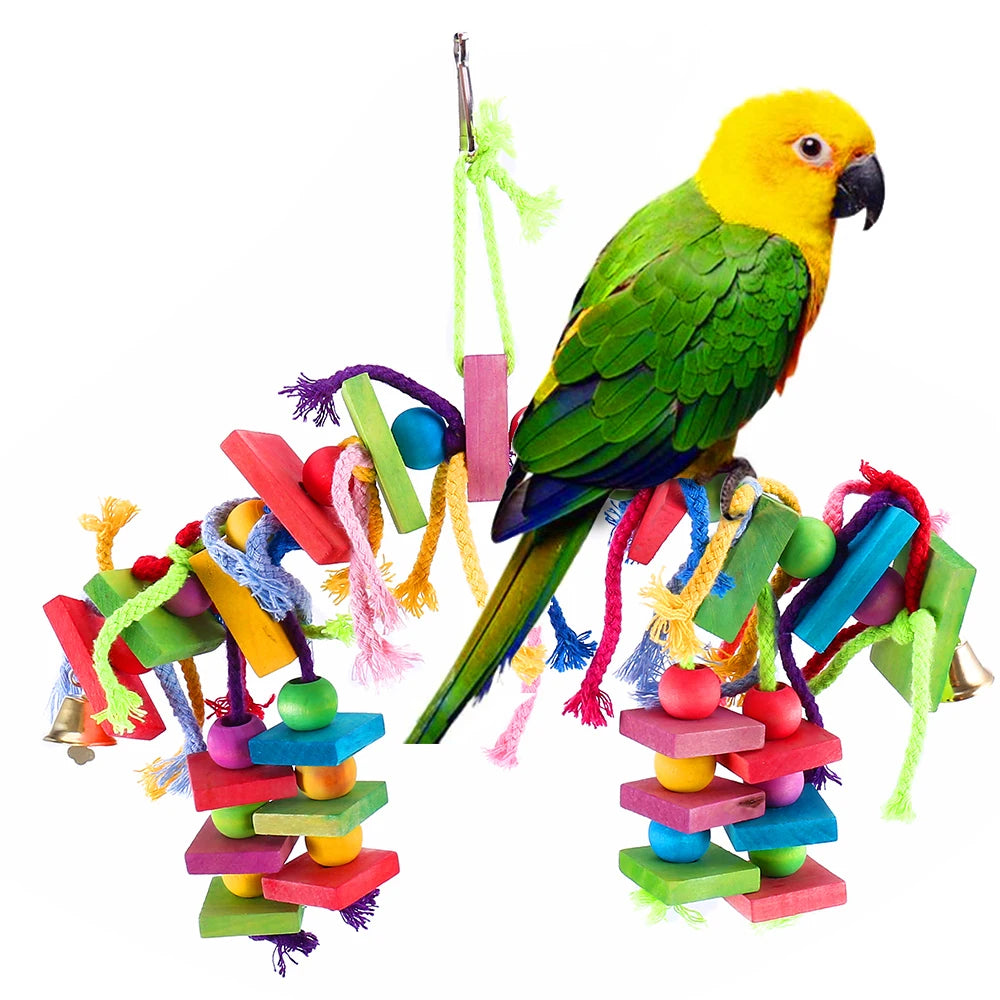 Juguete para masticar loros, cuerda de algodón y madera multicolor, juguete para pájaros, puente para morder, loro, forrajeo, cacatúas, entrenamiento, columpios colgantes