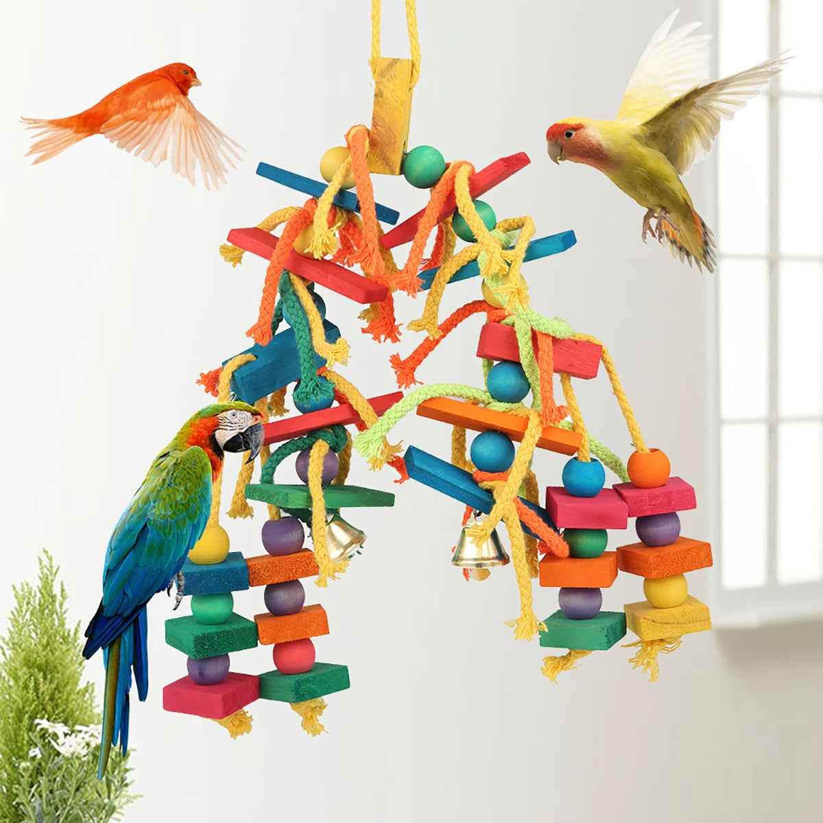 Wood Parrot Bird Toys Hanging Rope Pet Ladder Multicolored Wooden Cotton Rope Birds Chewing Toy Training Hang Swing Pet Supplies