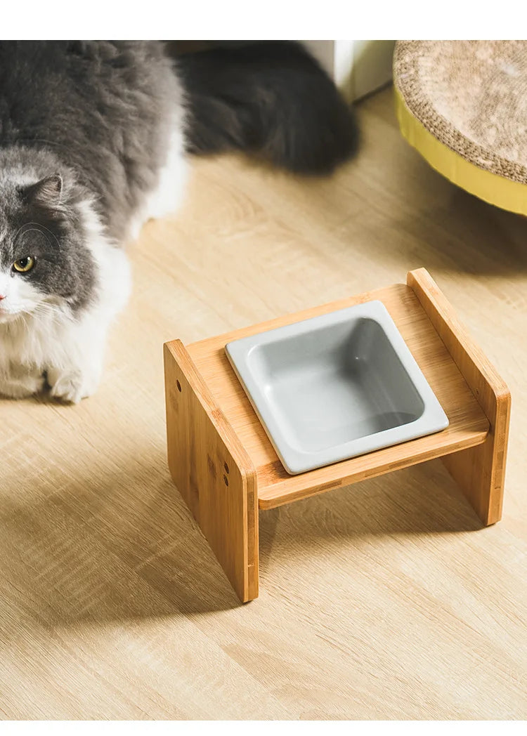 Cuencos triples dobles para gatos, comederos de agua de cerámica para mascotas con soporte de bambú, cuenco elevado para comer y beber para perros cachorros