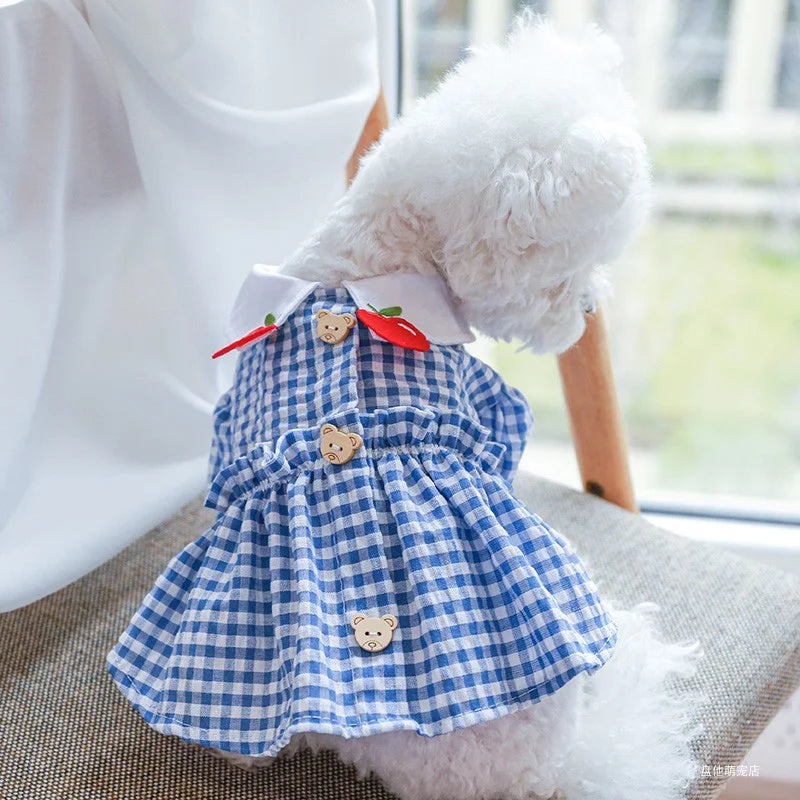 Ropa para mascotas, vestido de princesa con oso de manzana a cuadros azul, transpirable, fino, para primavera/verano, adecuado para perros pequeños y medianos, 1 ud.