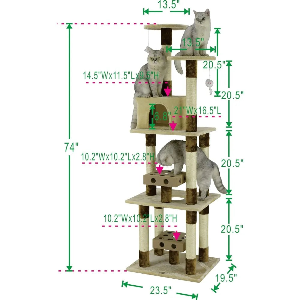 Muebles de torre de apartamentos para gatos con podio de varios niveles y juguete para gatos de interior, color beige/marrón