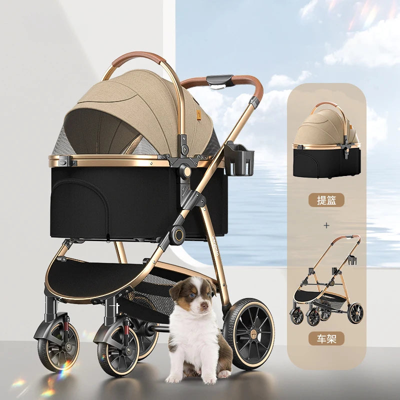 Poussette multifonction amovible pour animaux de compagnie, porte-poussette de luxe pour chiens dorés, pour grands chiens et chats, sac de transport pliable pour voiture et lit