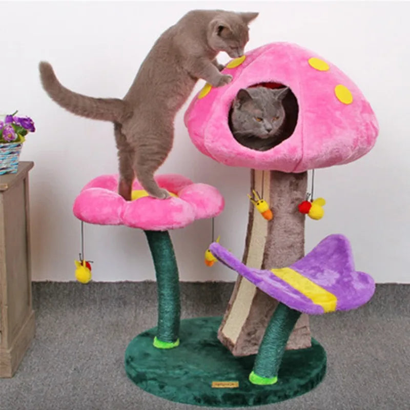 Árbol para gatos de felpa con seta de flores, árbol trepador cómodo y seguro, juego de setas pequeñas, juguetes para mascotas, cama de juego