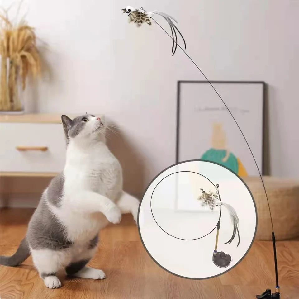 Pájaro de simulación interactivo divertido palo para gato juguete pluma peluda pájaro con campana ventosa palo para gato juguete gatito jugando accesorios para mascotas