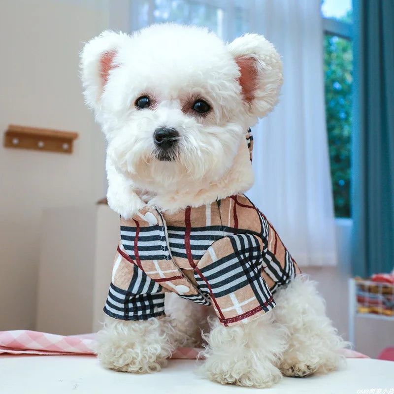 Ropa para mascotas, abrigo de algodón con lazo, gorro grueso y desplumado cálido a cuadros de café, abrigo de algodón adecuado para perros pequeños y medianos, 1 ud.