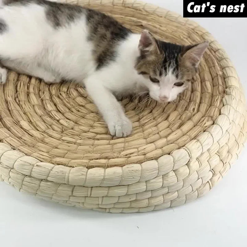 Straw Woven Cat Bed Bird Nest Cat Scratching Board Bowl-Shaped Pet Nest Cat Toy Supplies Hand-Woven Puppy Kennel Cat Straw Bed