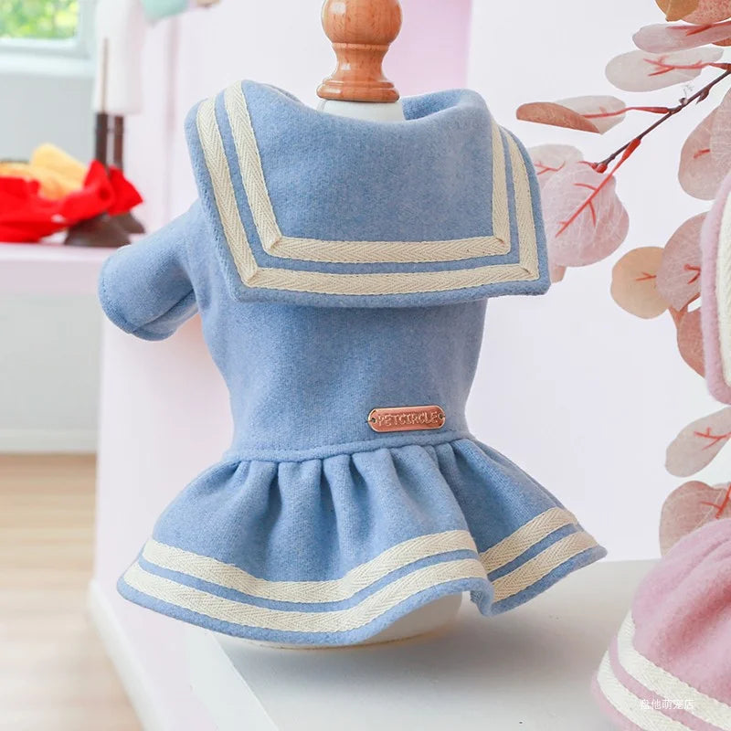 Ropa para mascotas, vestido de princesa con etiqueta dorada y azul cálido y grueso para otoño e invierno, para perros pequeños y medianos, 1 unidad