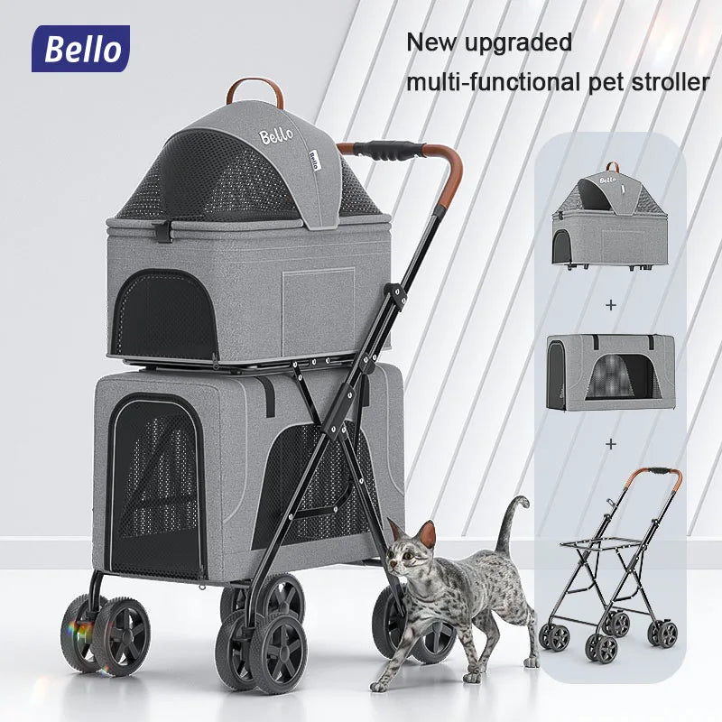 Bello poussette 3 en 1 poussette chariot à deux étages pliant poussette sac chat sac transporteur pour chat en plein air voyage chiot T