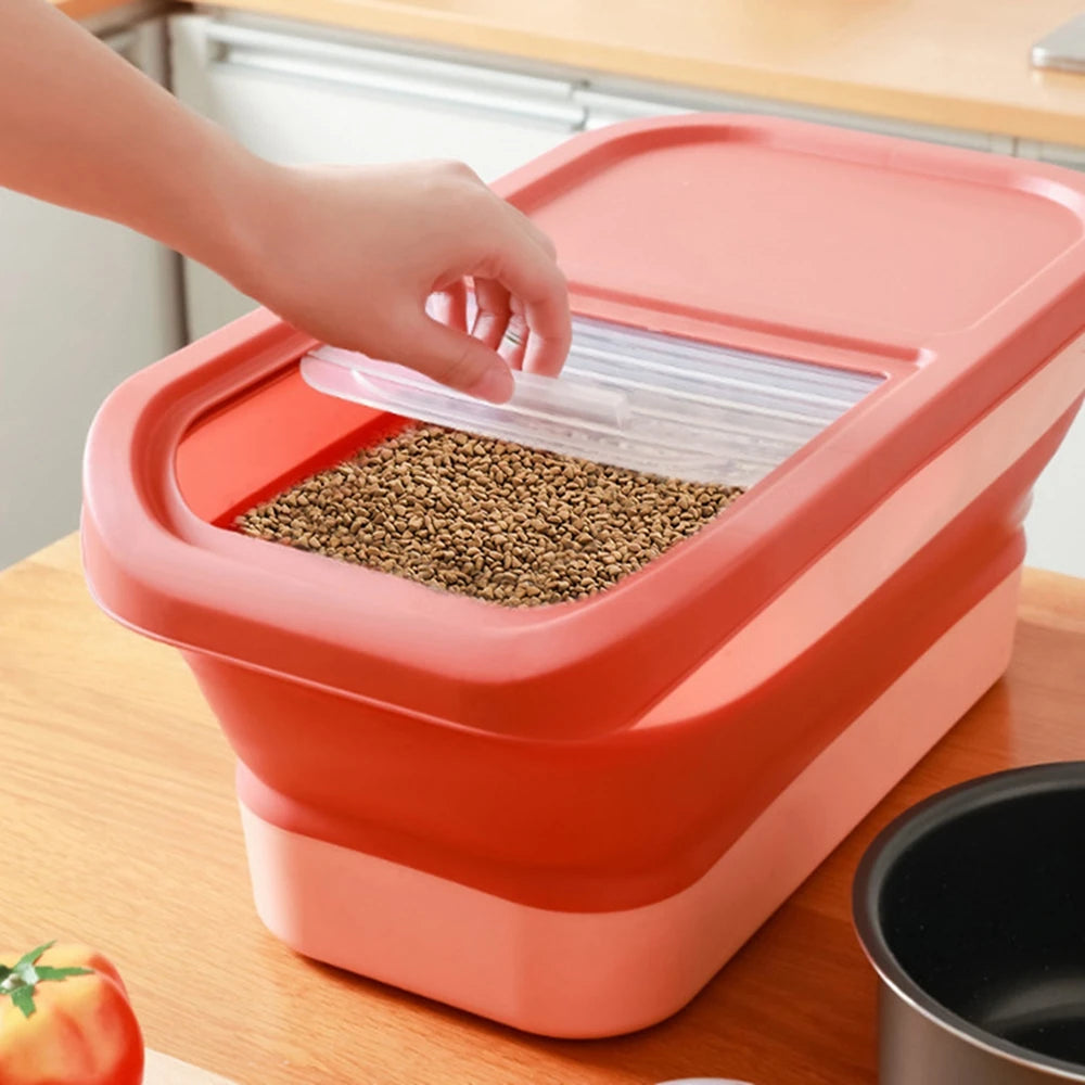 Contenedor de almacenamiento de comida para perros y gatos plegable, caja de comida seca para gatos con tapas, sellado hermético, cajas de almacenamiento de arroz de grano de cocina, 13/33LB