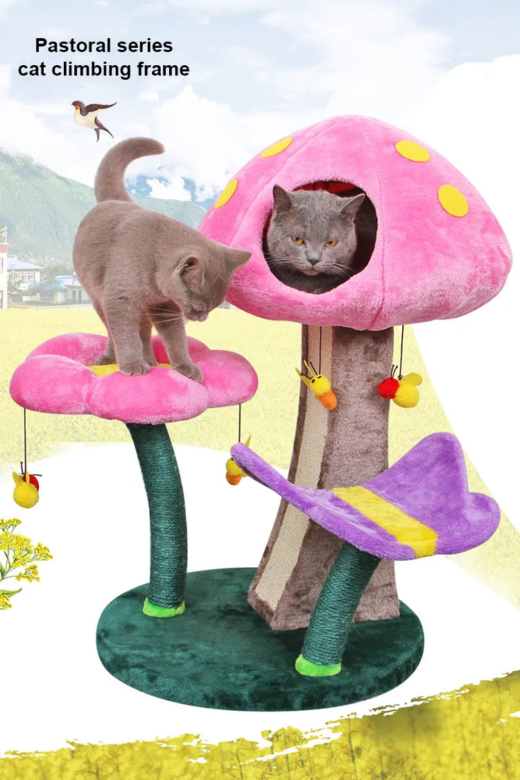 Árbol para gatos de felpa con seta de flores, árbol trepador cómodo y seguro, juego de setas pequeñas, juguetes para mascotas, cama de juego