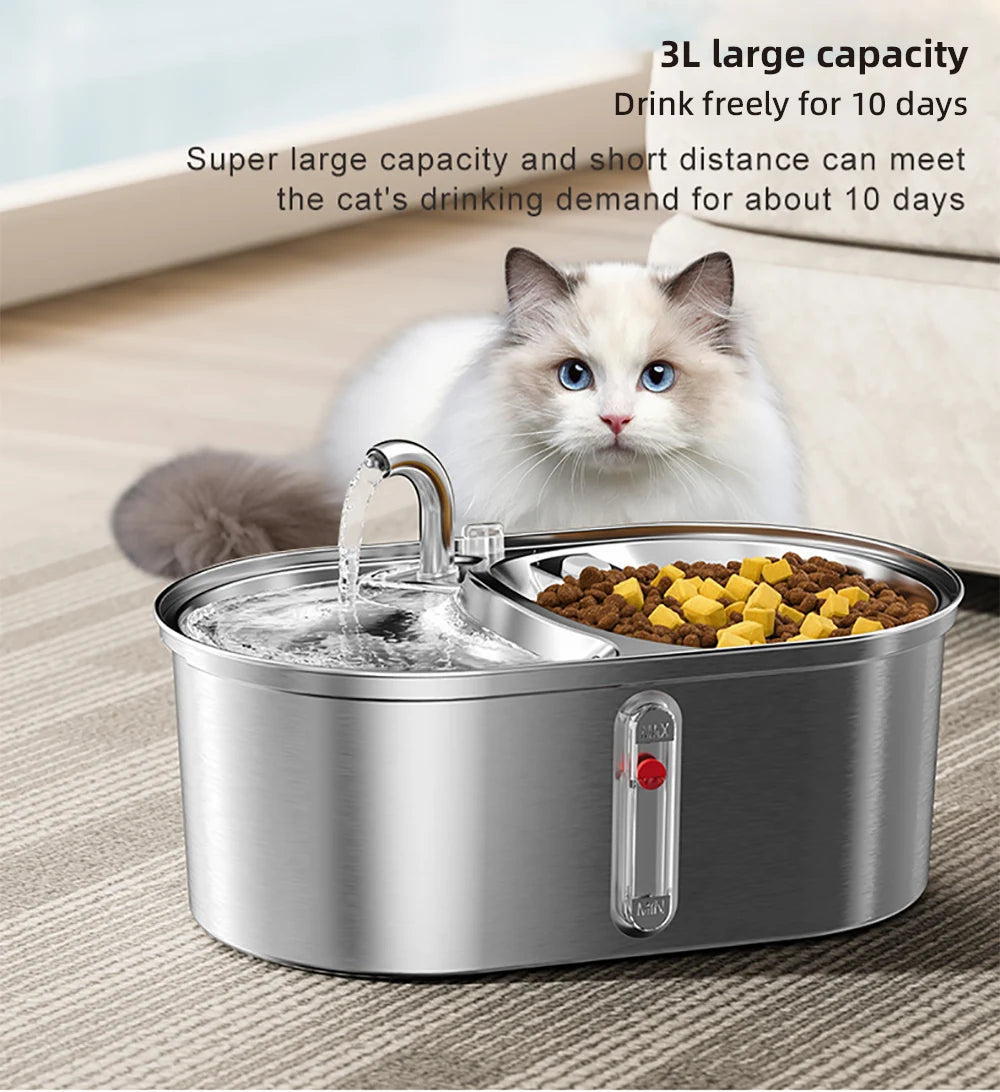 Alimentador de agua para gatos de gran capacidad de 3L, cuenco doble de acero inoxidable, cuenco de agua potable inteligente, fuente para perro, dispensador de agua