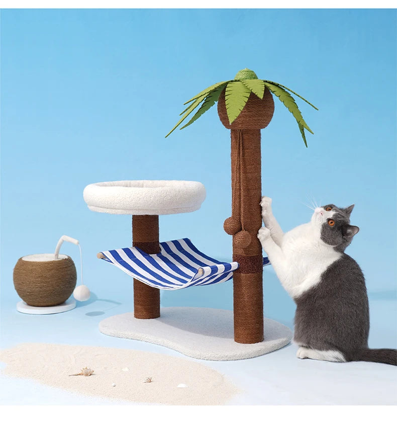 Postes rascadores para gatos, árbol de coco para mascotas, torre de modelado para rascar, marco de escalada para gatos, juguetes con hamaca y cama con estera