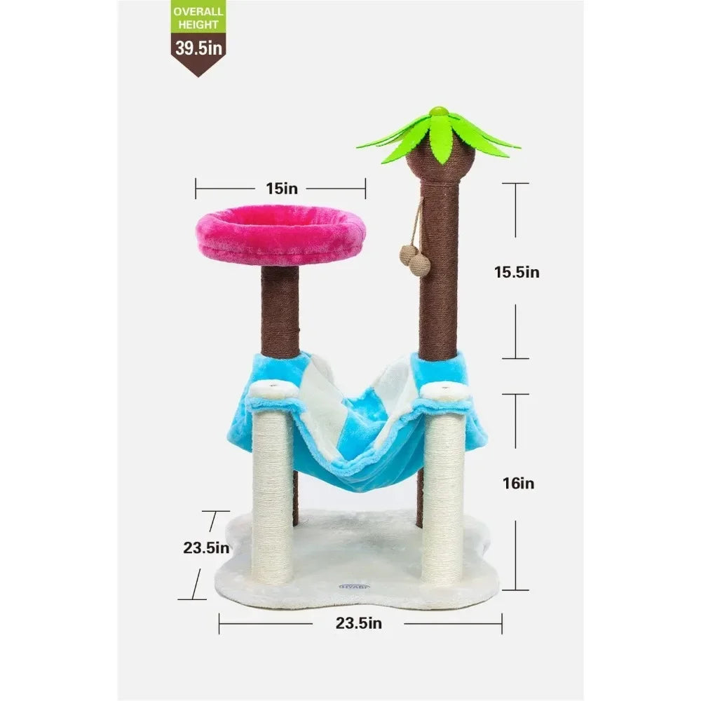 43.3 Inch Cat Coconut Tree Deck, Cat Tree Tower Condo Furniture Plush Apartment Cat Tree