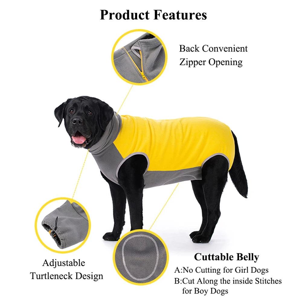 Winter Dog Recovery Suit Back Zipper Fleece Dog Clothes Cuttable Closed Tummy Sleeveless Turtleneck Pet Jumpsuit for Large Dogs Fashion Style