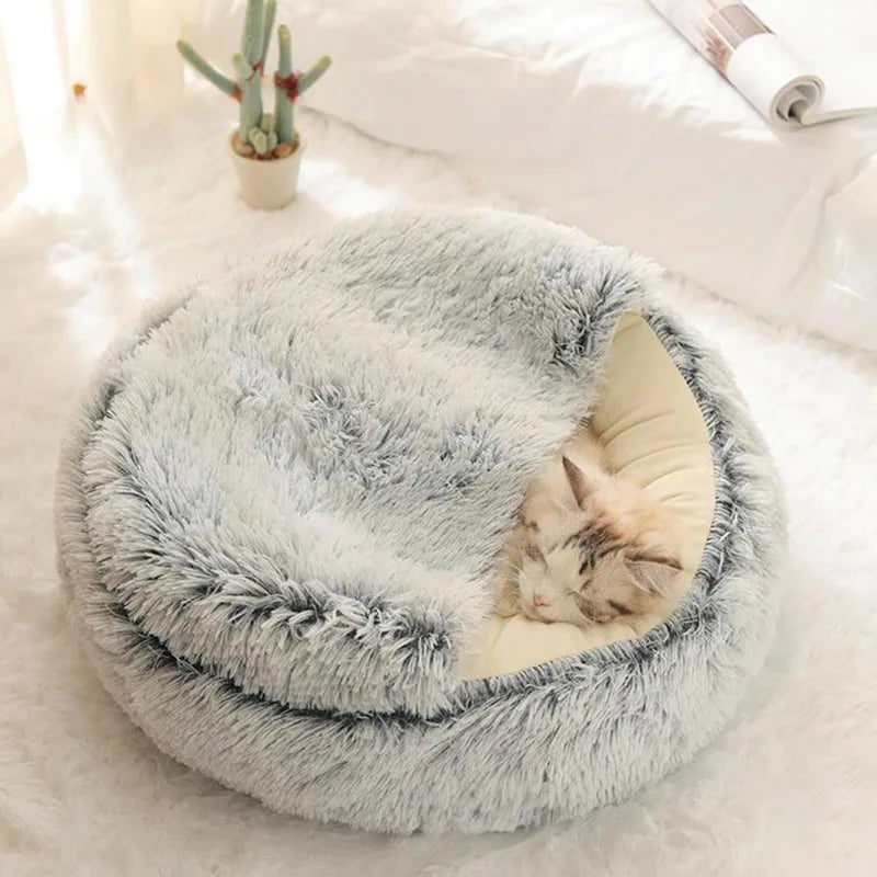 Cama para gatos 2 en 1 de invierno, cama redonda cálida para mascotas, cama larga para perros de peluche, saco de dormir cálido, sofá, cojín, nido para perros pequeños, gatos y gatitos